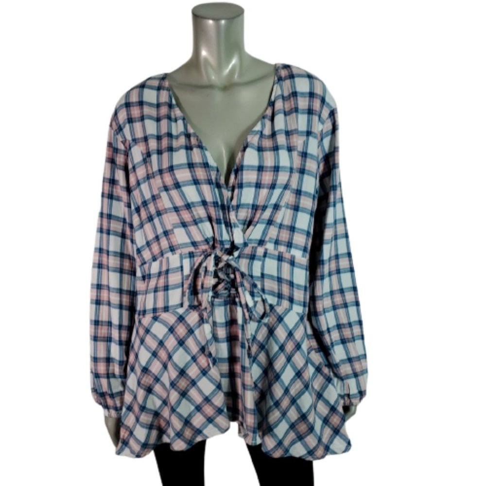 Ashley Stewart Top Plus Size 18 Lace Up Corset Waist Side Zip‎ Plaid Cotton Pink